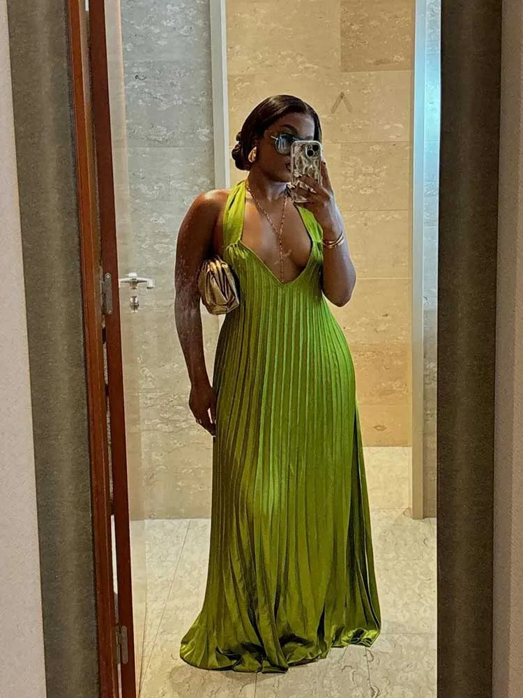 Lime Green Pleated Deep V-Neck Hollow-Out Halter Neck Backless Formal Maxi Dress
