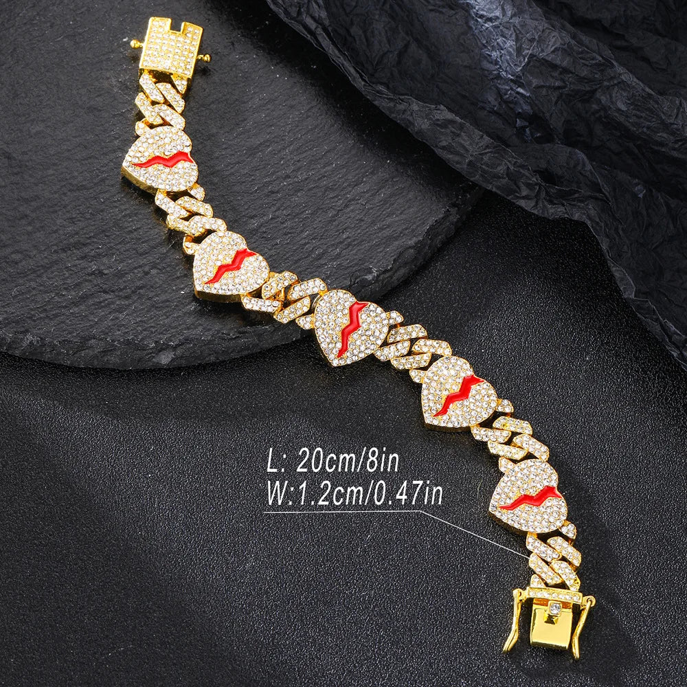 Hip Hop Broken Love Heart Rhombus Cuban Chain Iced Out Alloy Inlaid Rhinestone Bracelet