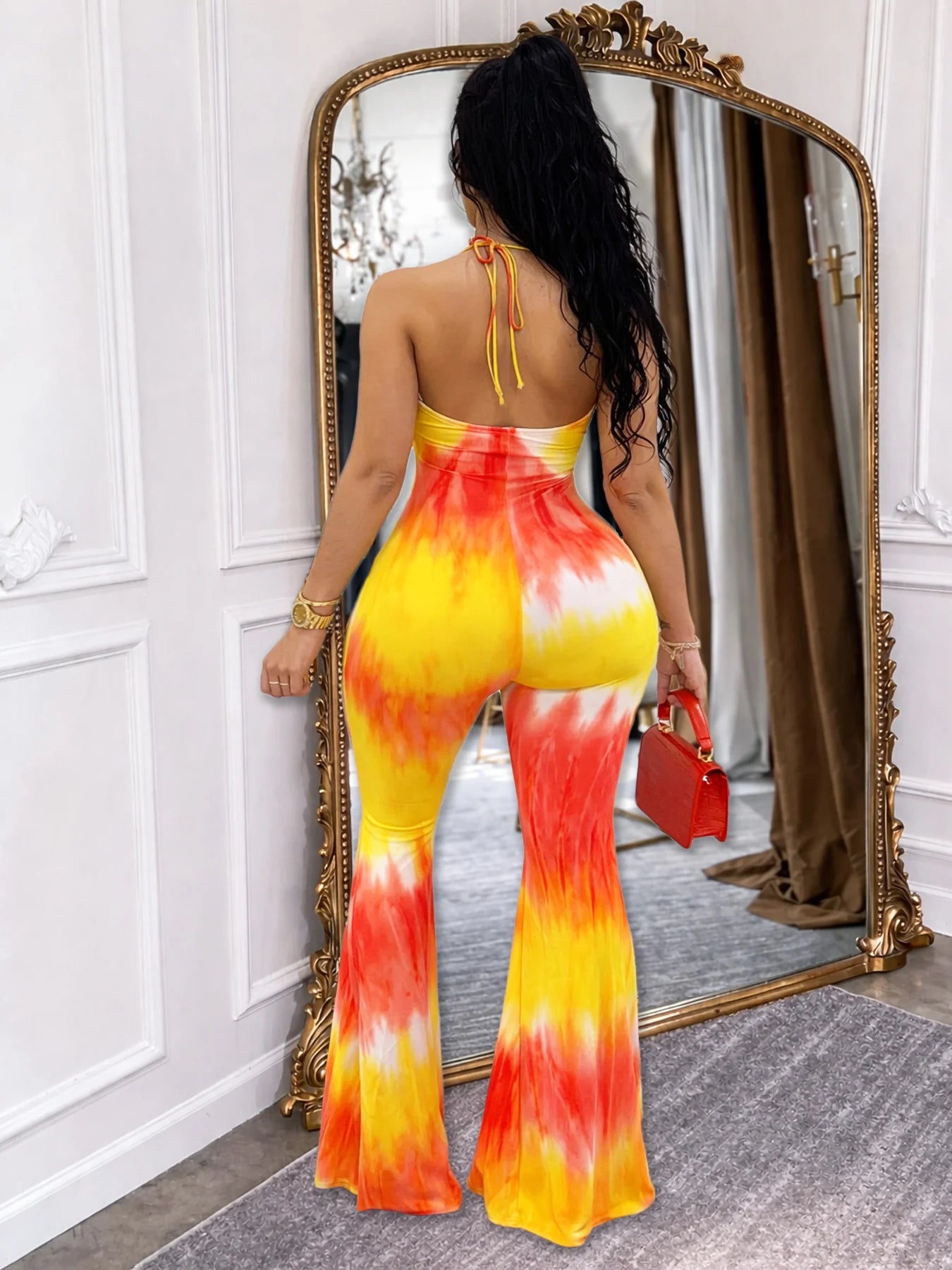 Tie-Dye Colorblock Print Sleeveless Hollow-Out Cami Top Lace-Up Women's Flared Leg Jumpsuit