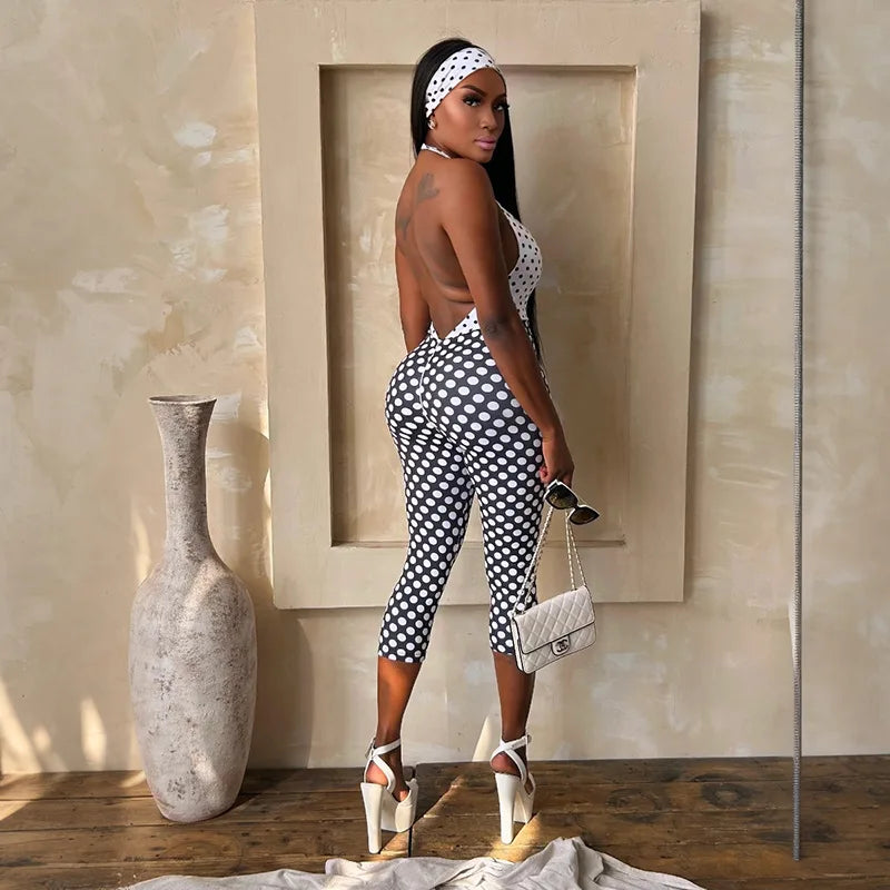 Black/White Polka Dot Print Bodycon Halter Neck Deep V-Neck Backless Women's Streetwear Jumpsuit