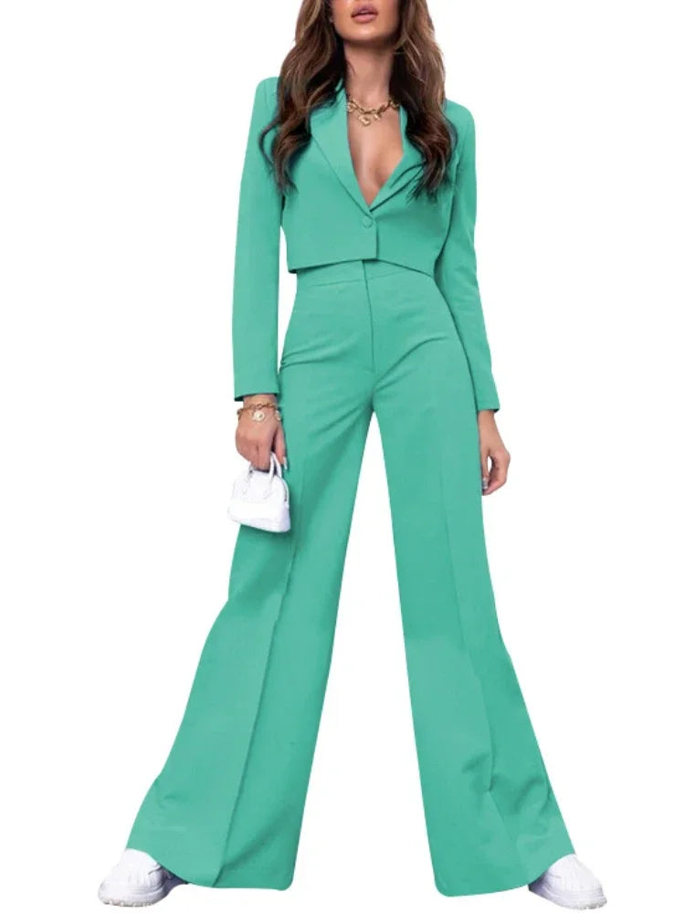 Cropped Notched Long Sleeve Blazer + High Waist Flared Leg Pants Women's Solid Color Business Suit