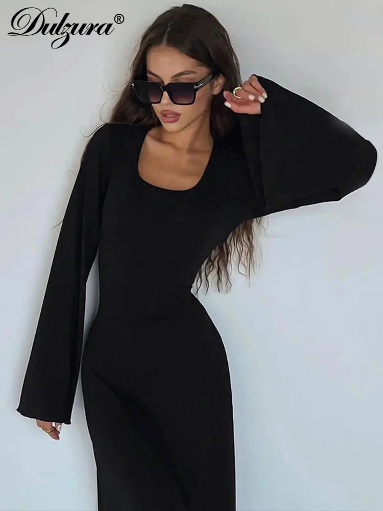 Solid Ribbed Lace-Up Back Trumpet Long Sleeve Maxi Dress