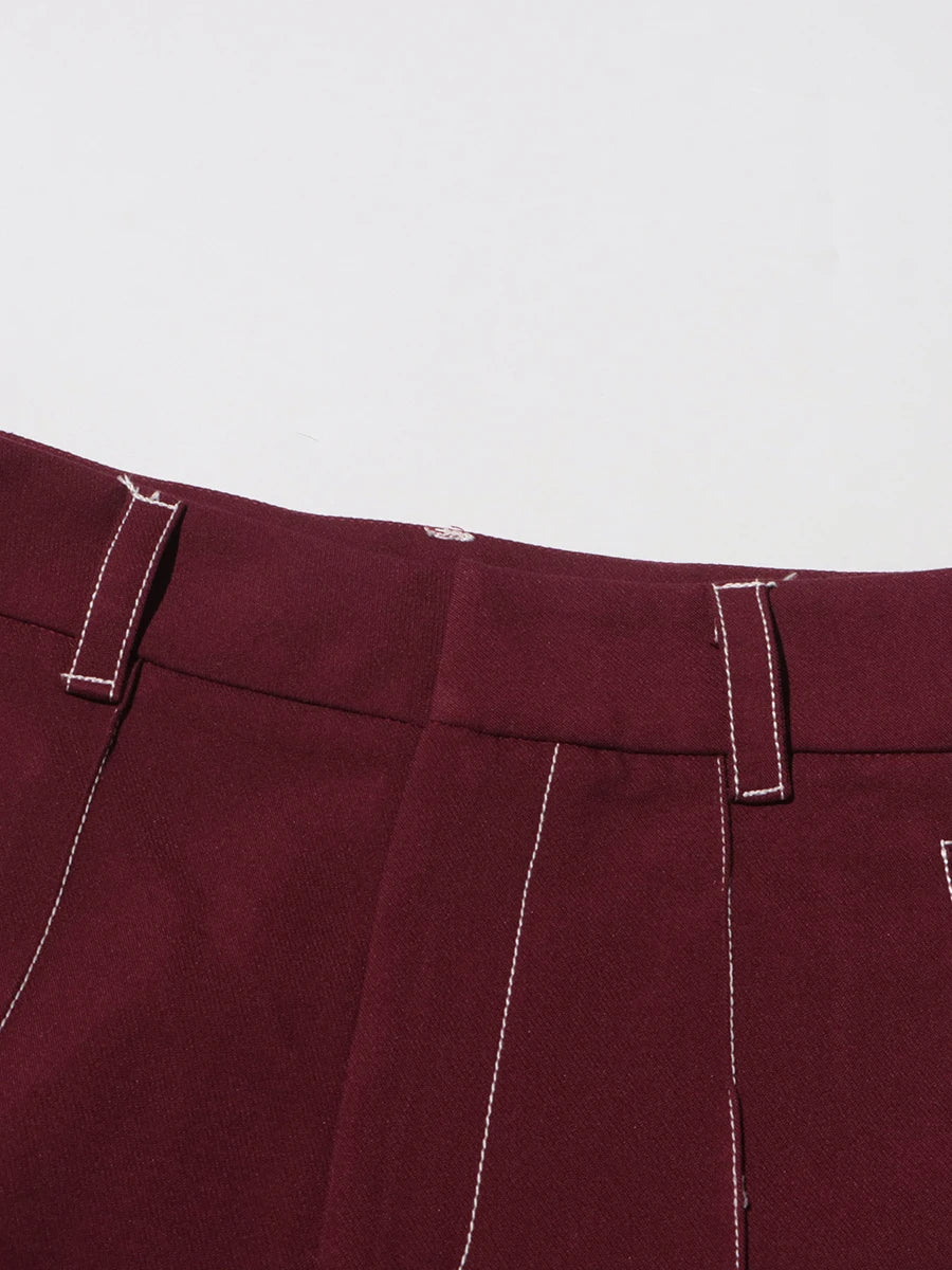 Burgundy Irregular Notched Collar Double Strap Design Blazer Jacket + High Waist Straight Pants Women's Formal Suit