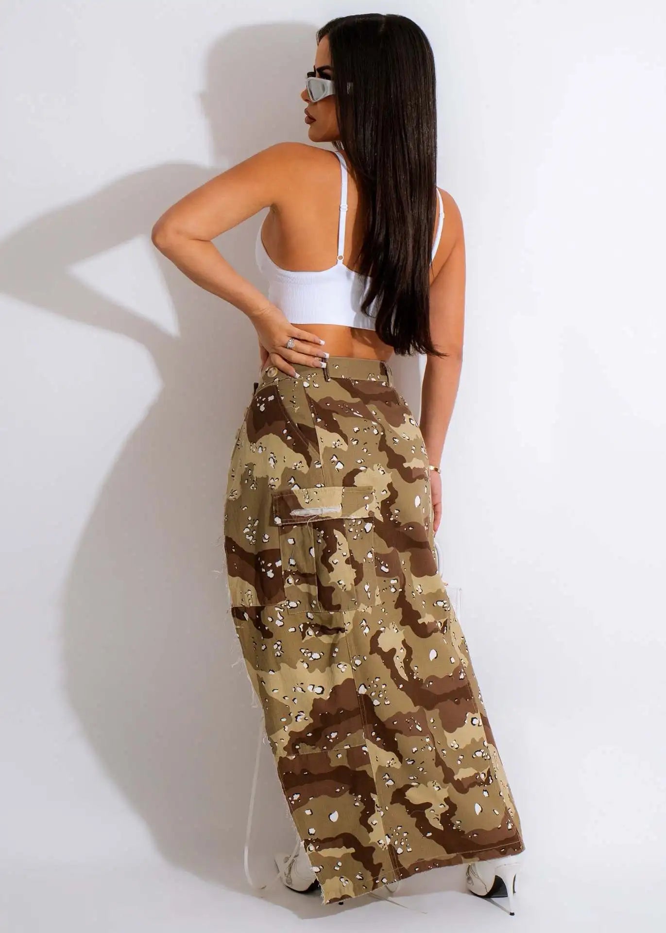 Camouflage High Slit Printed Cargo Pocket Maxi Skirt