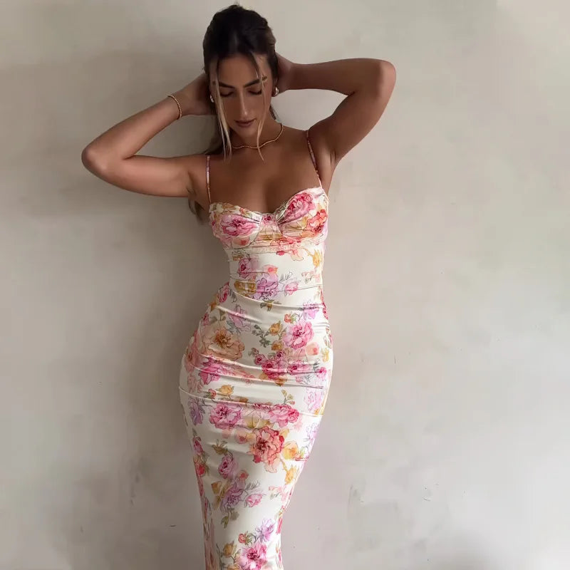 Satin White/Pink Flower Print Sleeveless Spaghetti Strap Skinny Maxi Formal Dress