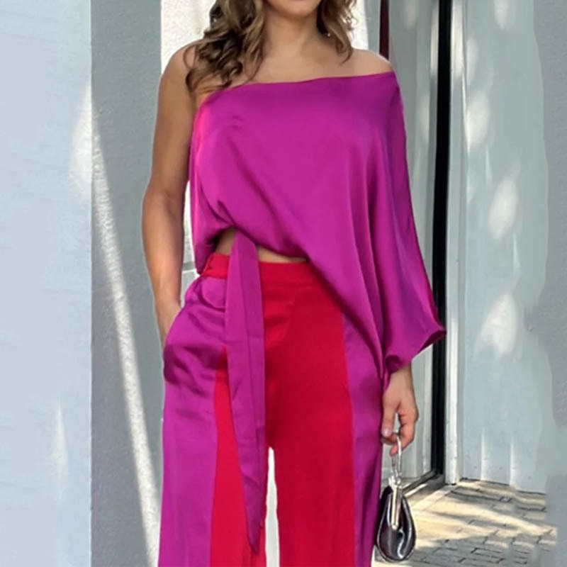 One Shoulder Lace Up Long Sleeve Top Loose Color-Block Wide Leg Pants Set