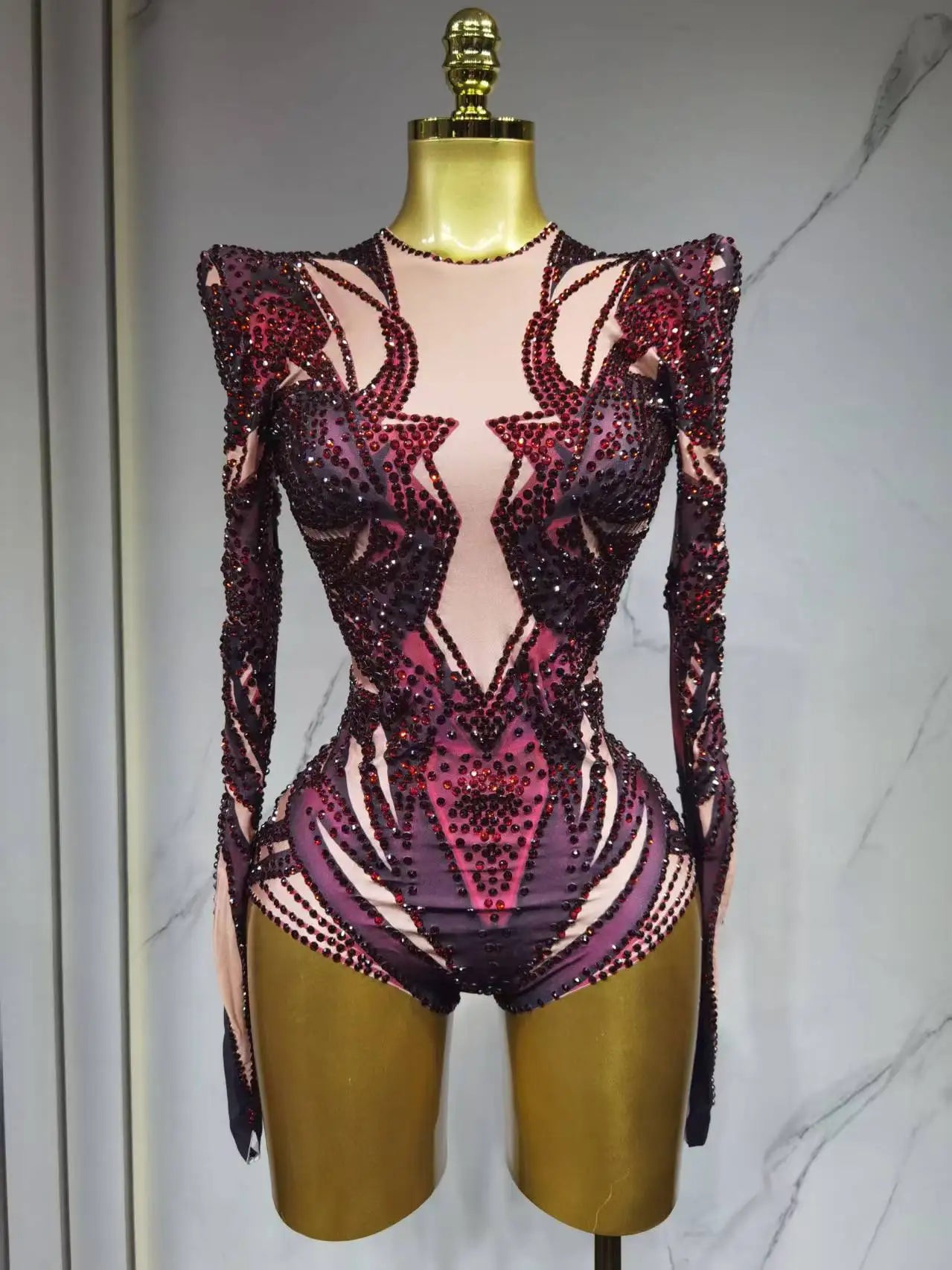 Sparkling Rhinestone Hollow-Out Long Sleeve Stage Formal Stage Performance Skin Tight Bodysuit