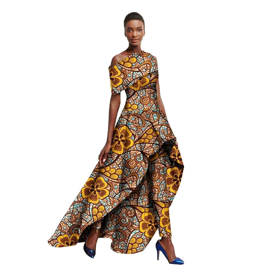 Asymmetrical Diagonal Hem Ankara African Print Short Sleeve O-Neck Maxi Dress + Pants 2-Piece Suit