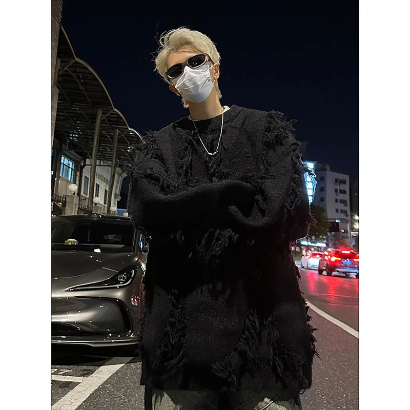 Men's Ripped Oversized Tassels Fringe Women's Streetwear Pullover Knitted O-Neck Sweaters