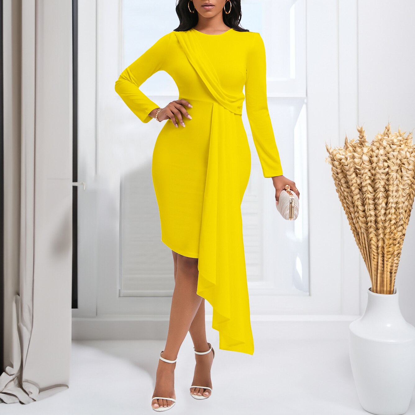 Asymmetrical Long Hem Full Sleeve Bodycon Party/Wedding/Cocktail Midi Dress