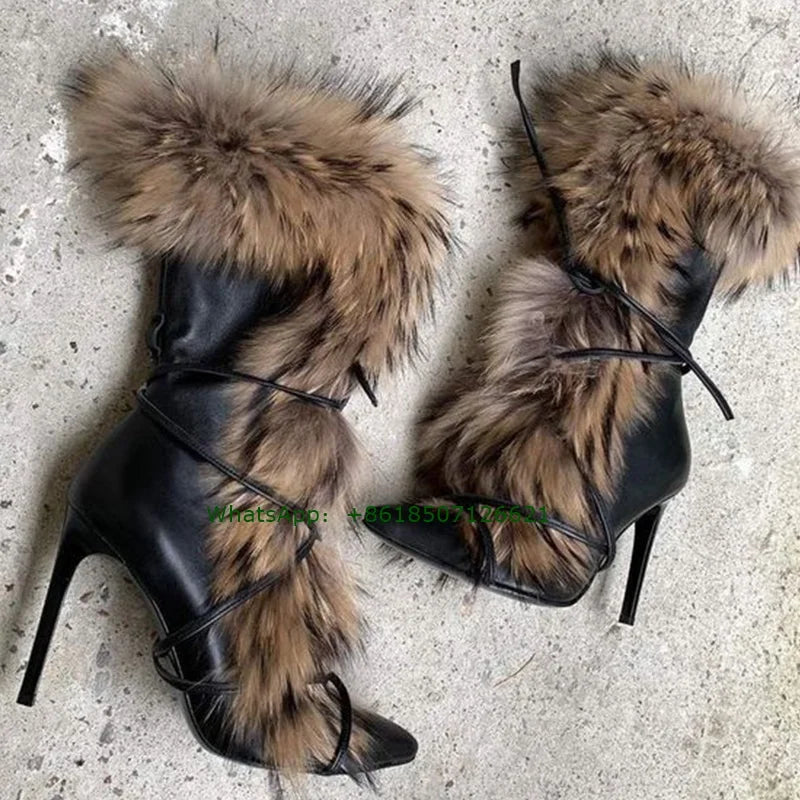 Furry Black Pointed-Toe Cross Strap Slip-On Stiletto Ankle Boots