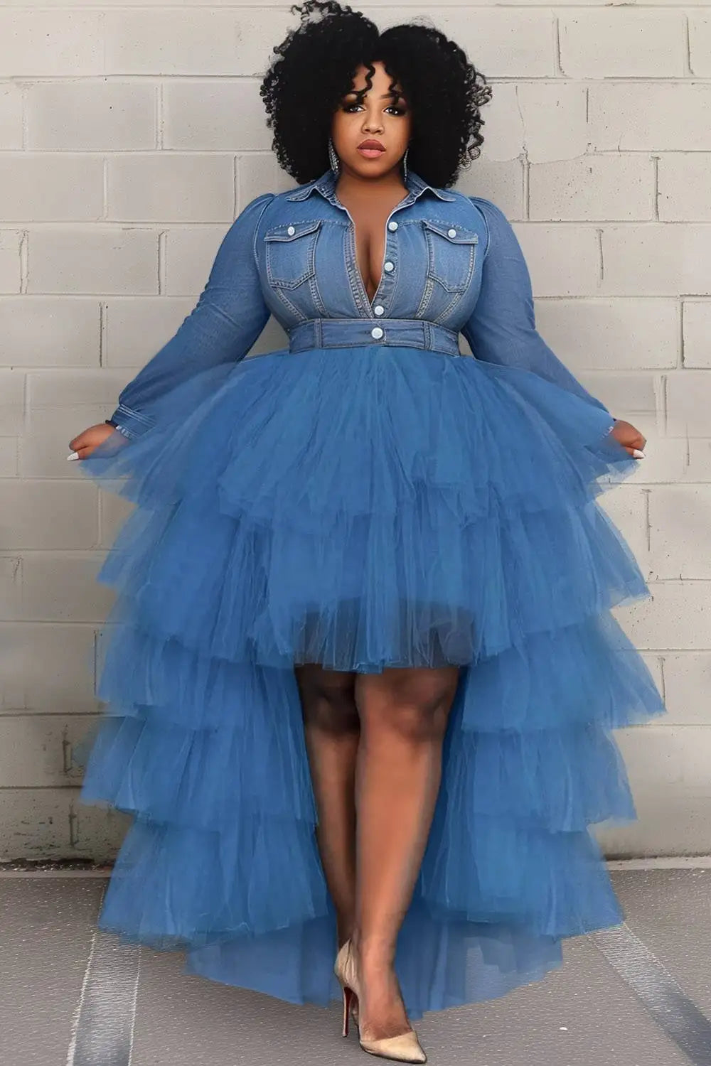 Denim Blue Button-Up Turn-Down Collar Tiered Patchwork Long Sleeve Tulle Tutu Skirt Dress to 5X Plus Size