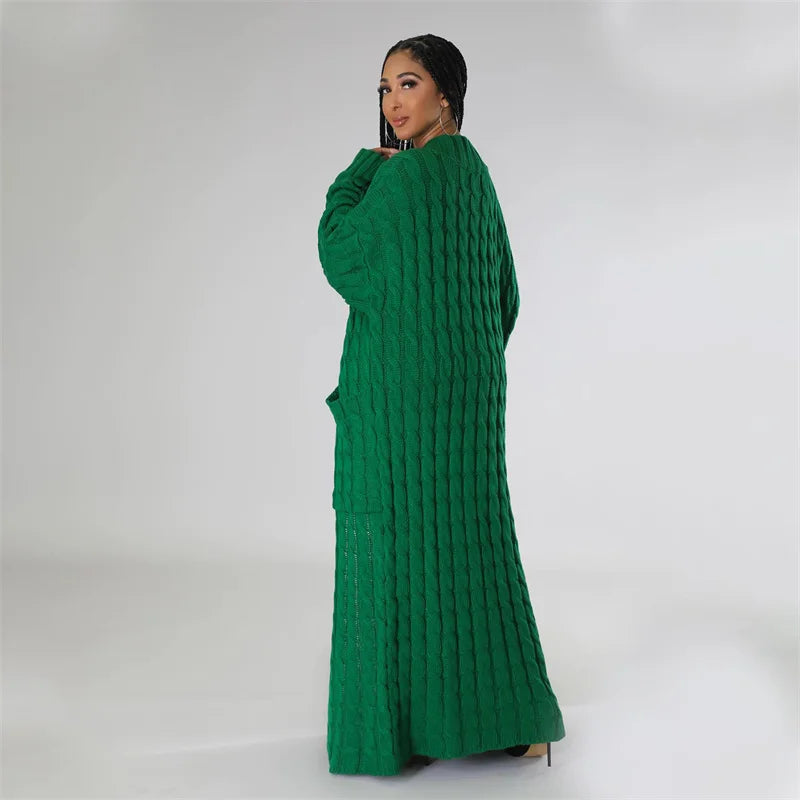 Knitted Weave Pattern Ribbed Maxi Cardigan Sweater