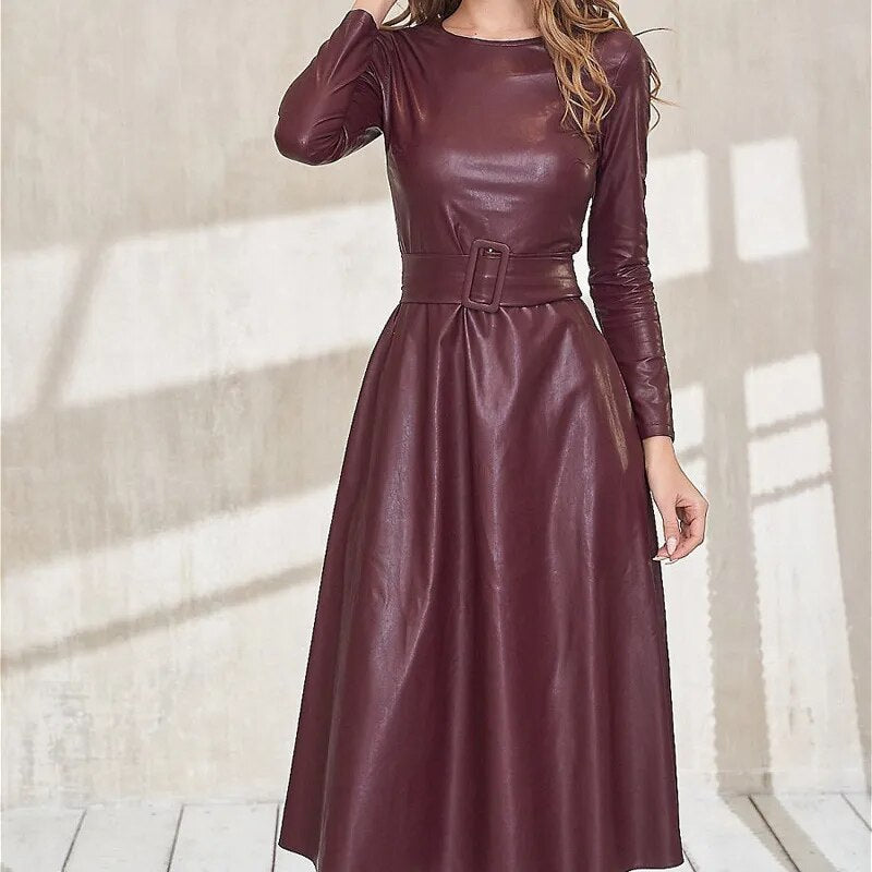 PU Leather Long Sleeve Slim Fit Maxi Dress w/ Belt