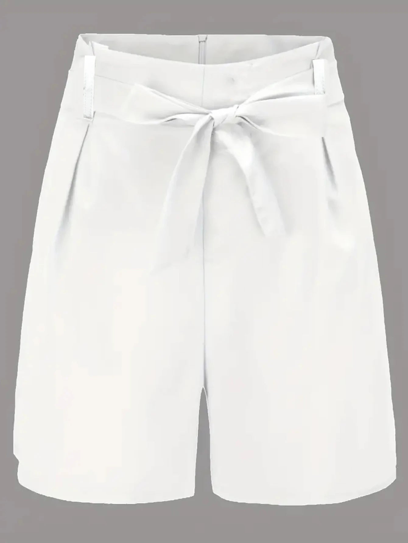 White Ruffled Waist Skinny Sash Belted Women's Solid Color Shorts