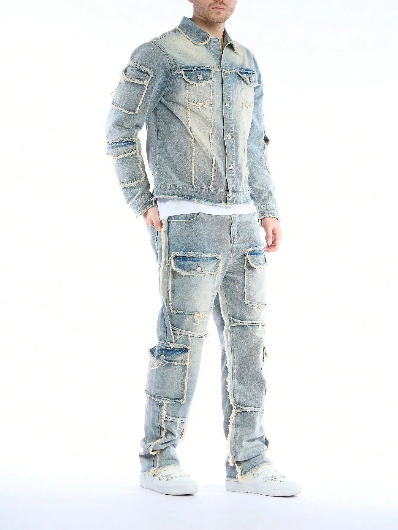 Men's Washed Denim Ripped Faded Light Blue Fringe Hem Multi-Pocketed Hip-Hop Cargo Jeans 2-Piece Set (Jean Jacket + Stacked Jeans)