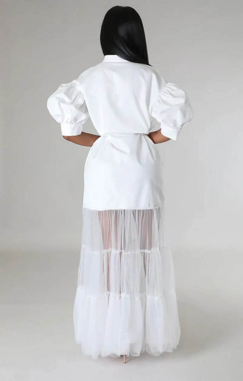 Puff 1/2 Sleeve Tiered Sheer Transparent Tulle Tutu Skirt Design Maxi Shirt Dress