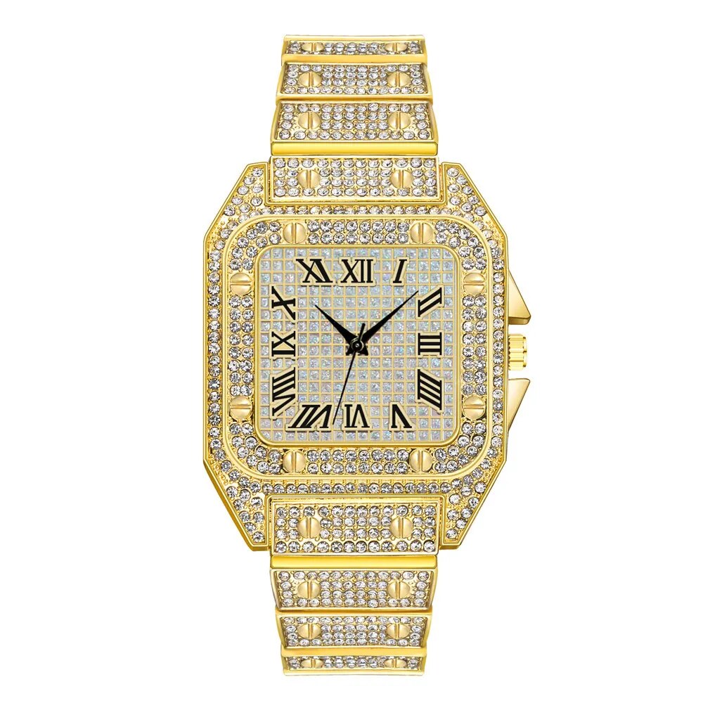 Iced Out Men's Luxury Diamond Square Roman Dial Quartz Watch