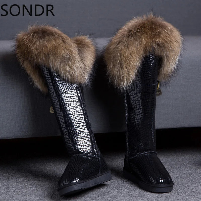 Faux Fur Trim Genuine Leather Solid Knee-High Flat Women's Snowboots