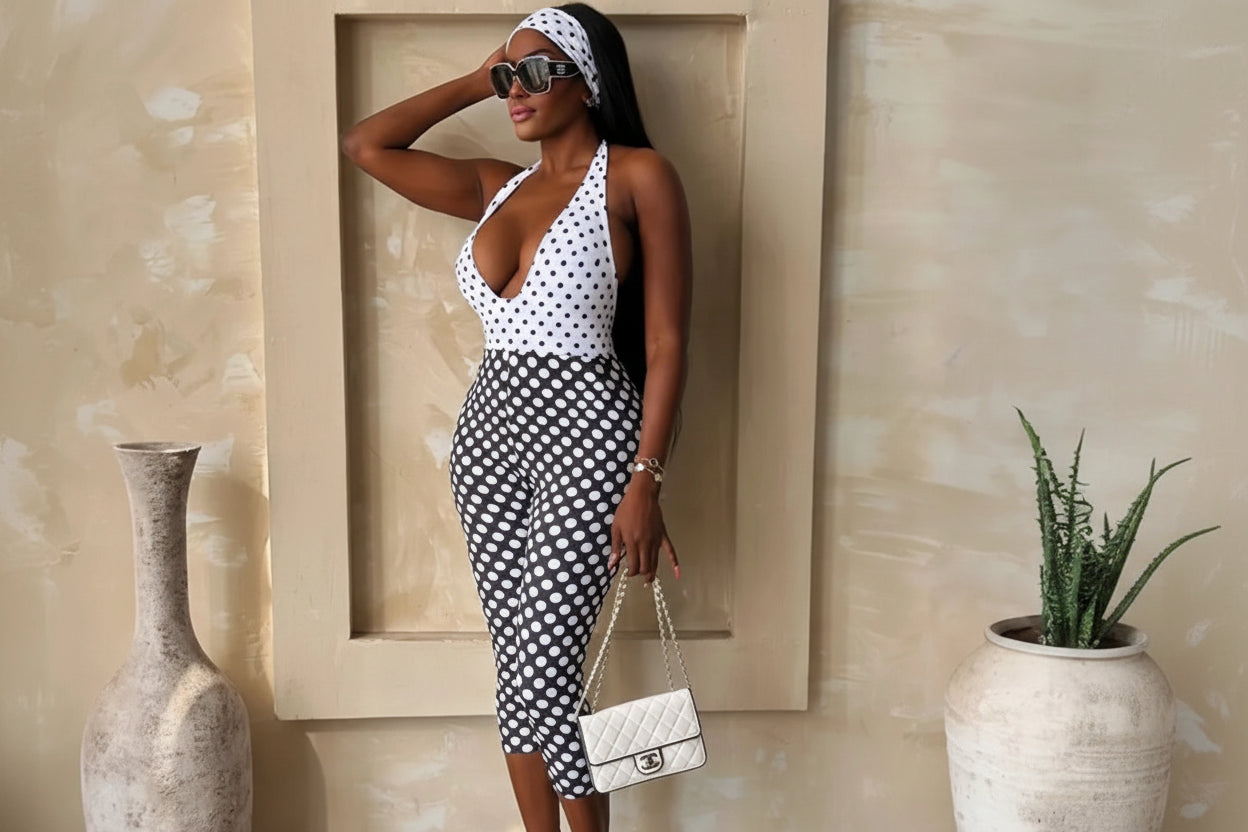 Black/White Polka Dot Print Bodycon Halter Neck Deep V-Neck Backless Women's Streetwear Jumpsuit