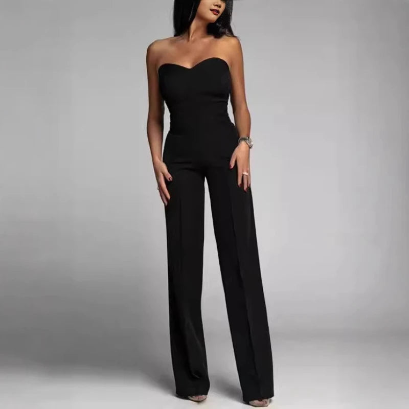Sleeveless Strapless Solid Color Straight Women's Formal Party Tube Jumpsuit