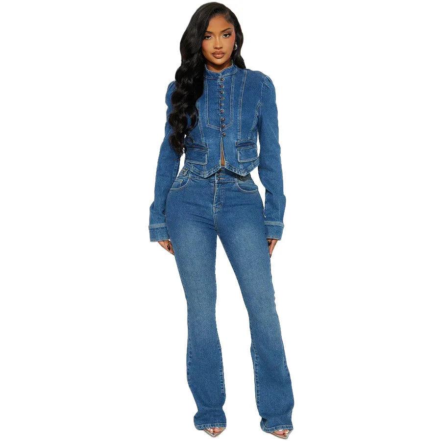 Denim Blue Mandarin Collar Women's Crop Jean Jacket + Jeans Matching 2-Piece Set