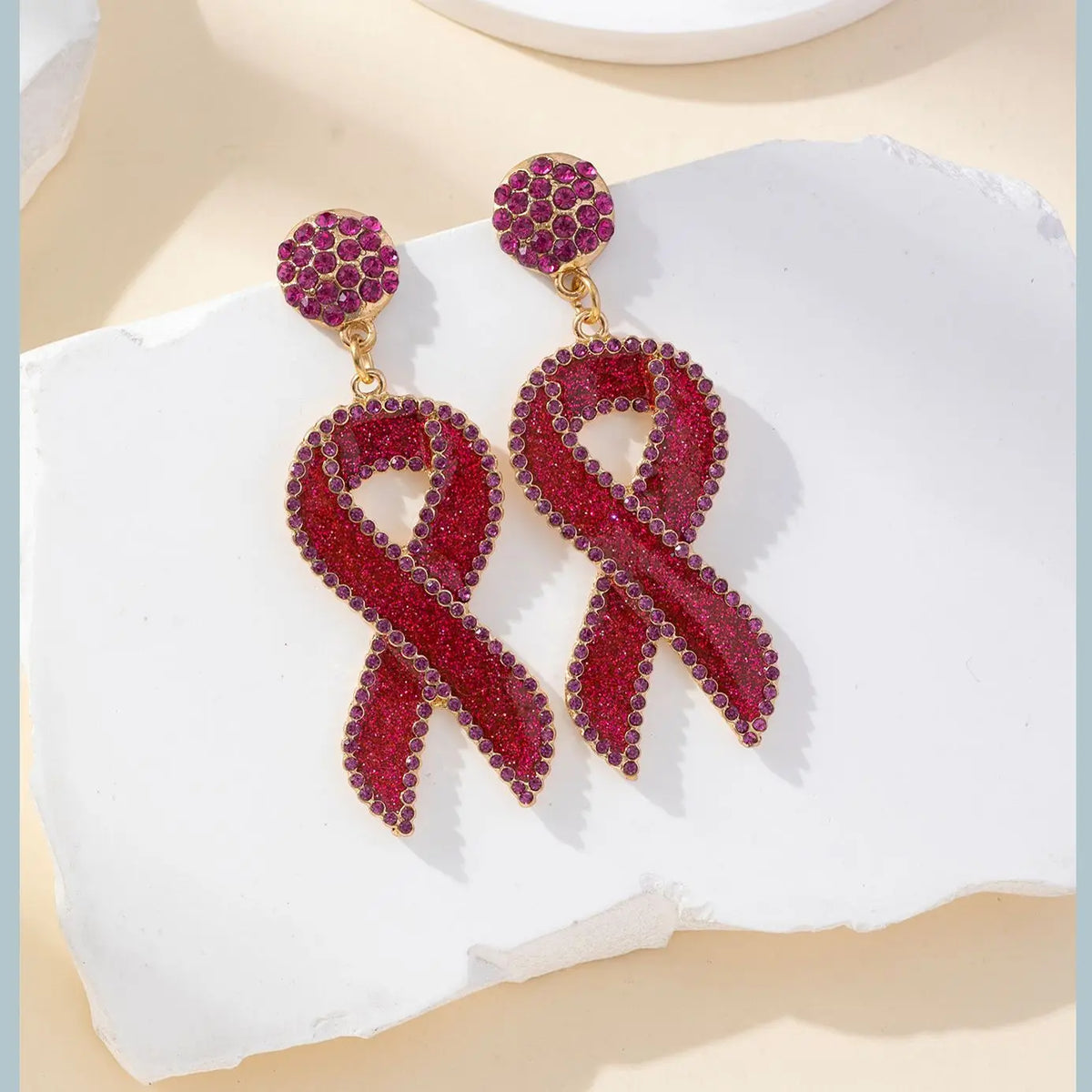 Crystal Rhinestone Pink/Red Breast Cancer Awareness Ribbon Earrings