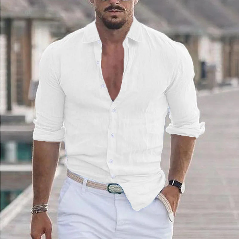 Men's Solid Color Single Breasted Button-Up Long Sleeve Turn-Down Collar Beach Shirt
