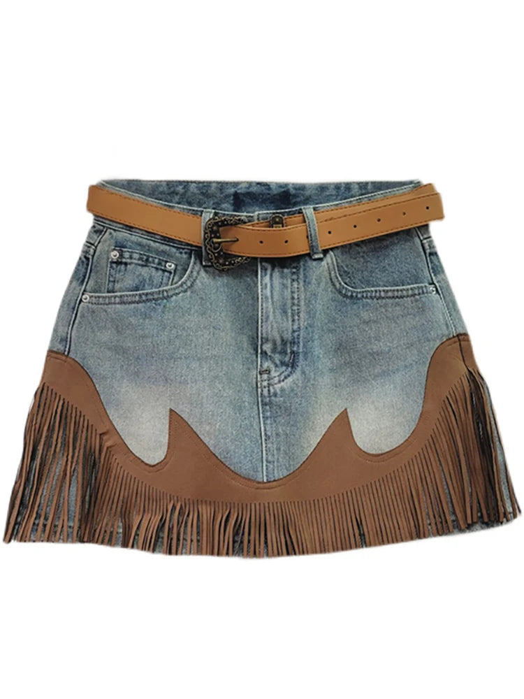 Colorblock Belted Spliced Contrast Color Irregular Tassel A-line Mini Skirt