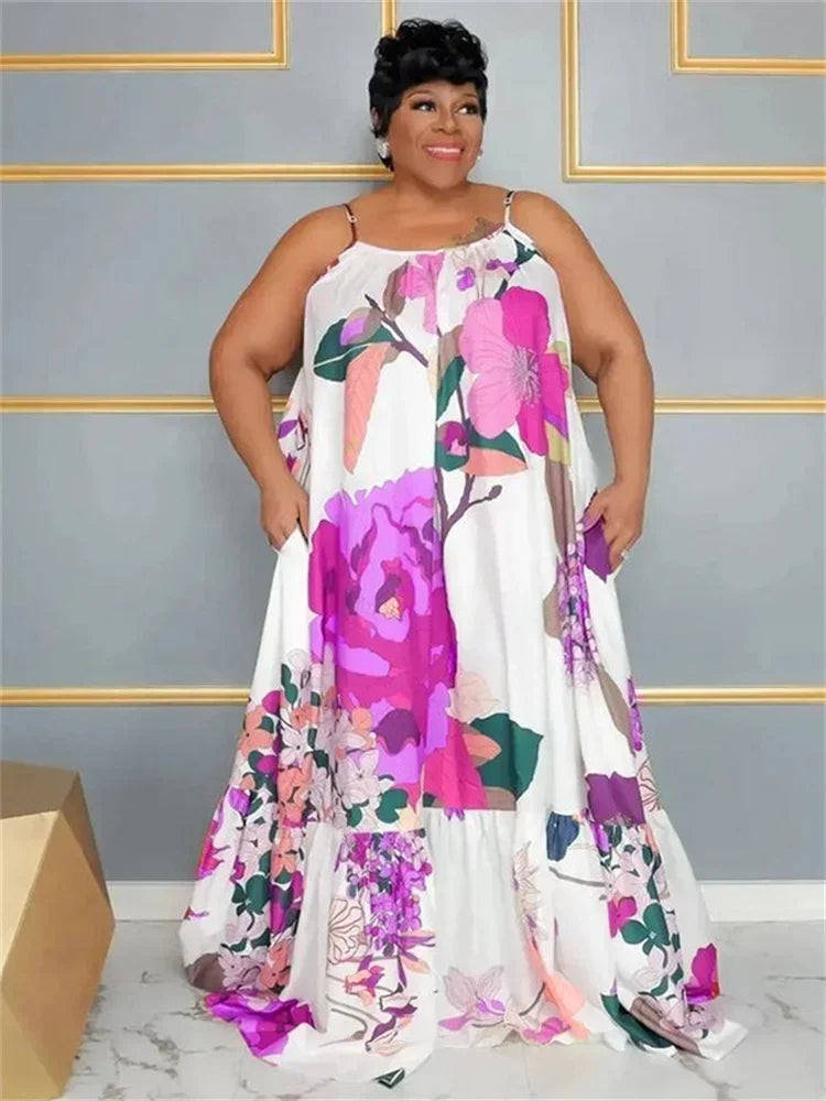 Tiered Hem Rainbow Leopard/Flower Print Sleeveless Fishtail Maxi Dress to 5X Plus Size