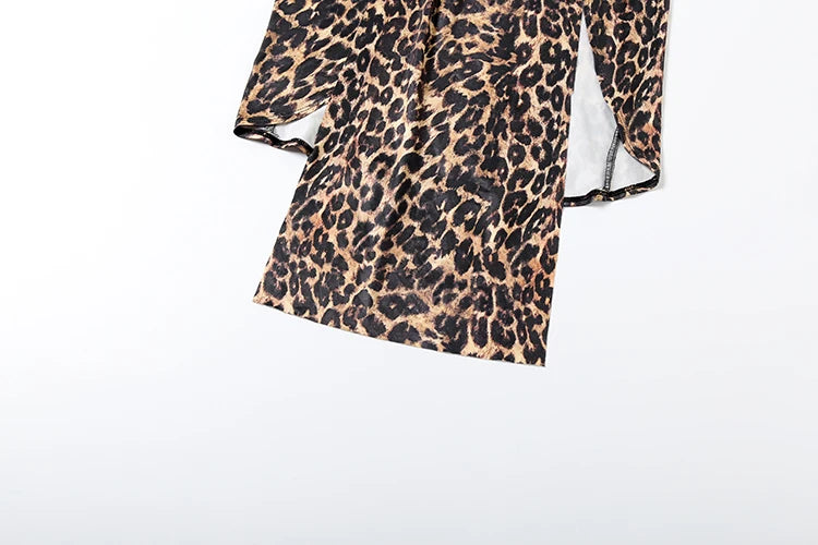 Leopard Print Deep V-Neck Ruched Maxi Ribbon Design Hollow-Out Long Sleeve Bodycon High Slit Maxi Club Dress
