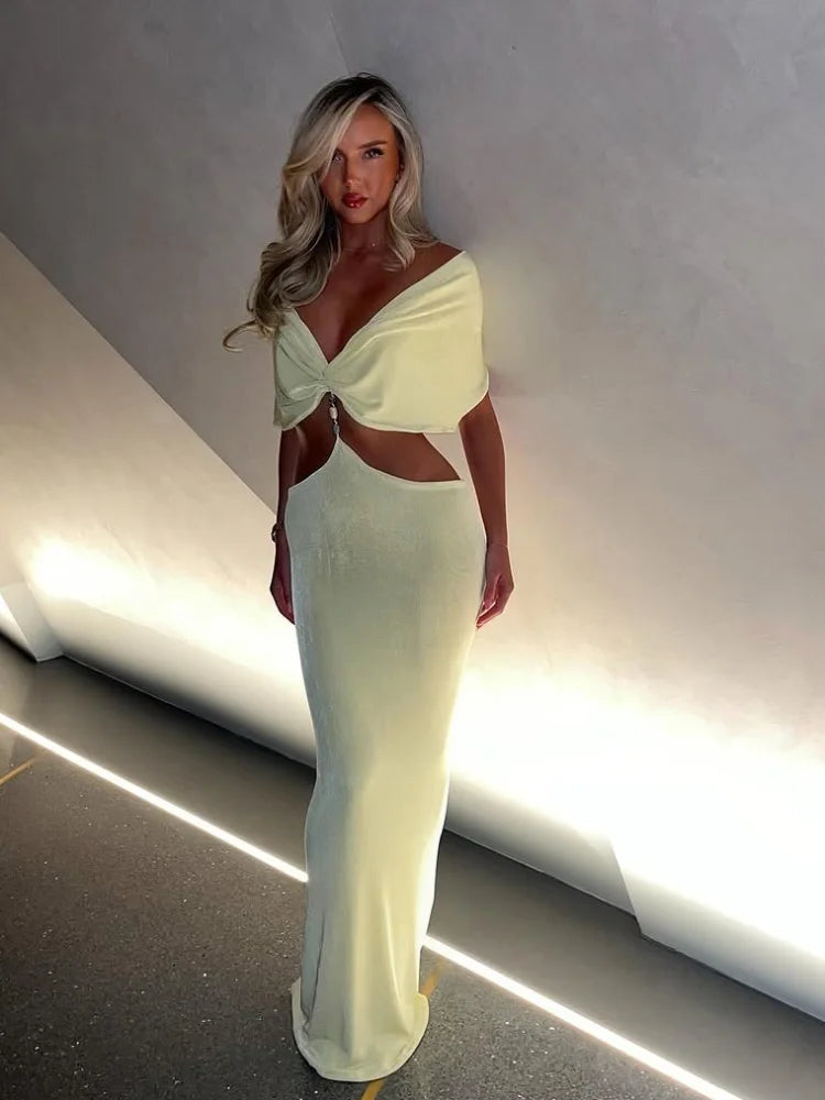 Off-the-Shoulder Solid Color V-Neck Pleated Cut-Out Skinny High Waist Maxi Party Dress