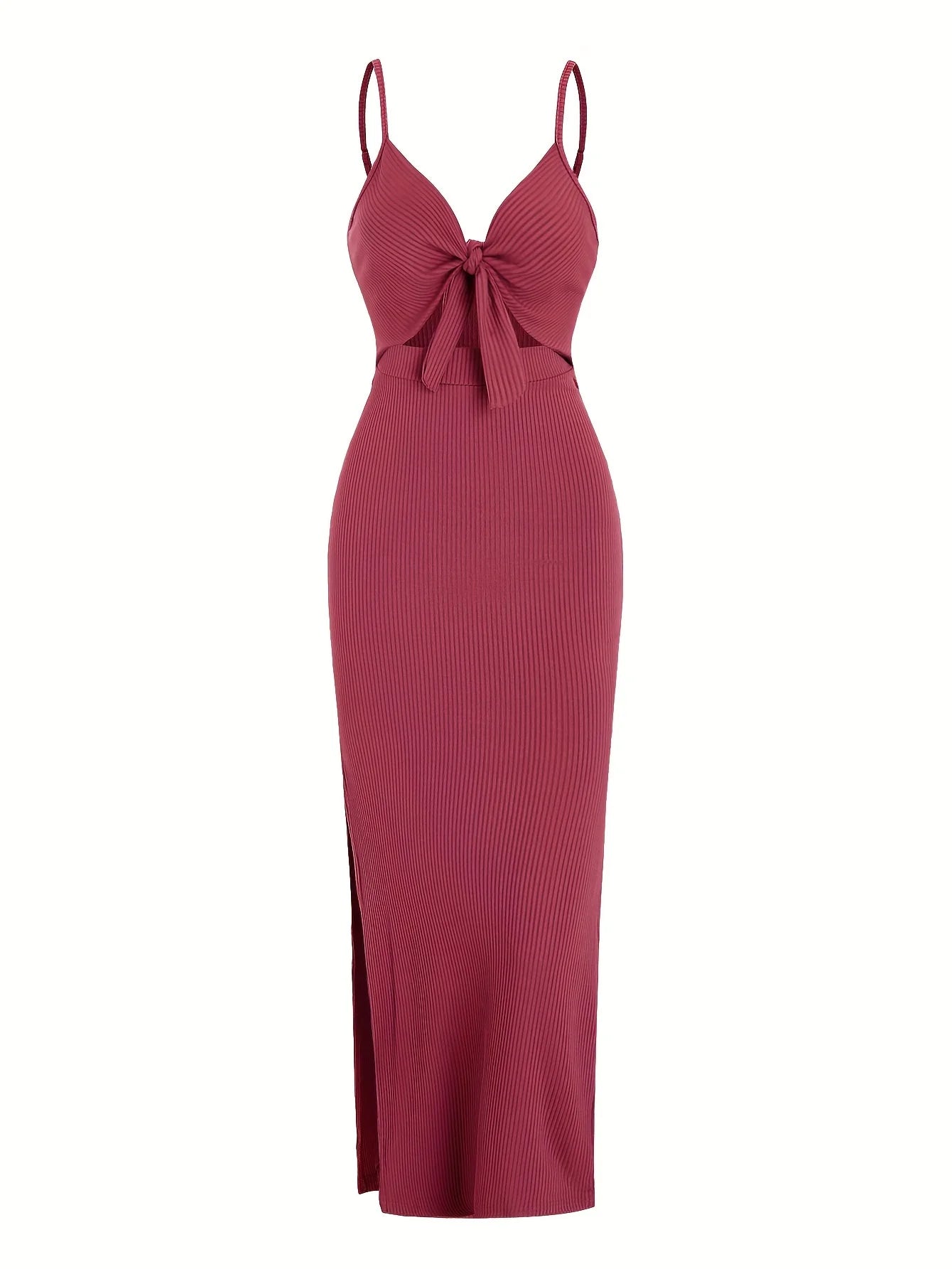 Ribbed Bowknot Design Spaghetti Strap V-Neck Knitted Sleeveless Solid Color High Slit Maxi Dress