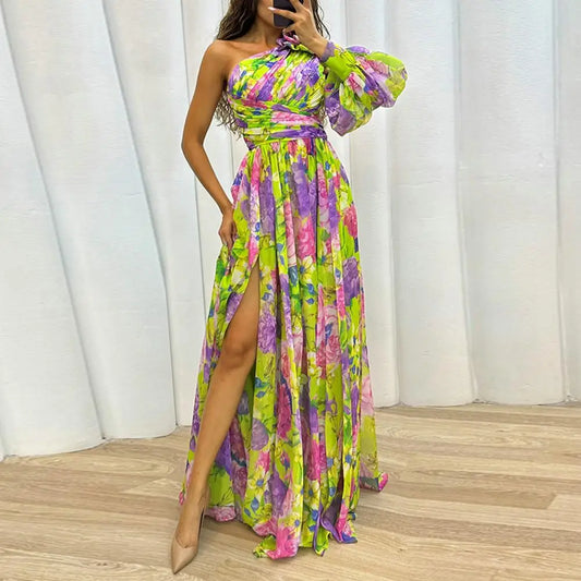 Floral Print One Sleeve Asymmetrical High Slit Formal Maxi Dress