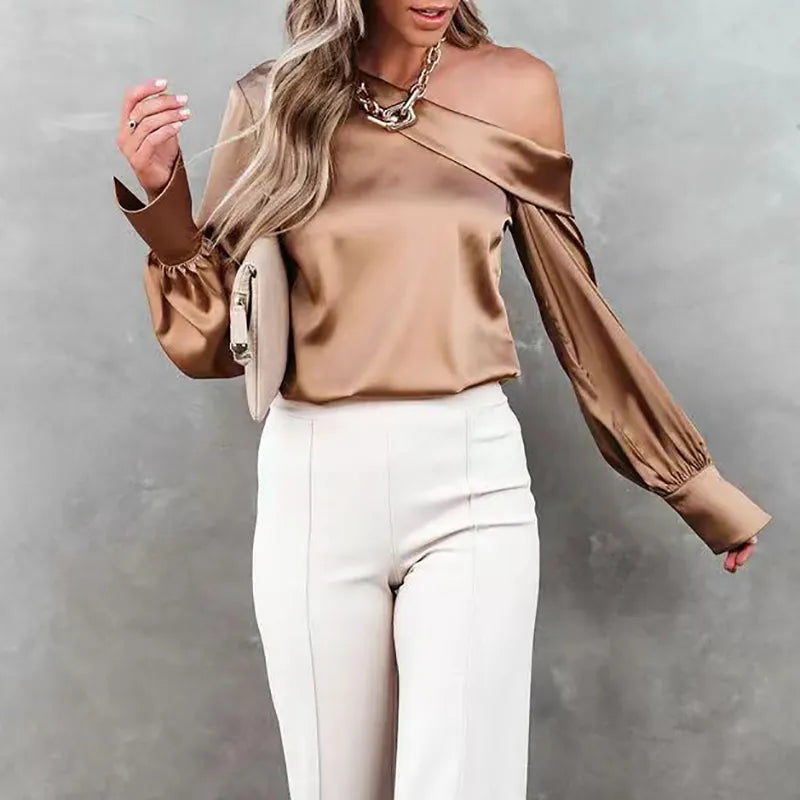 Satin Skew Collar Off Shoulder Long Sleeve Solid Blouse