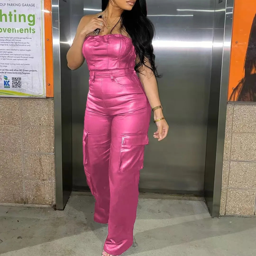 Sleeveless PU Leather Tube Top Design Solid Color Strapless Cinched Waist Women's Cargo Multi-Pocketed Jumpsuit