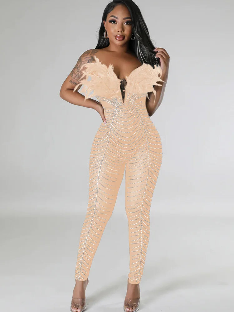 Sparkling Feather Design Off Shoulder Sheer Mesh Jumpsuit