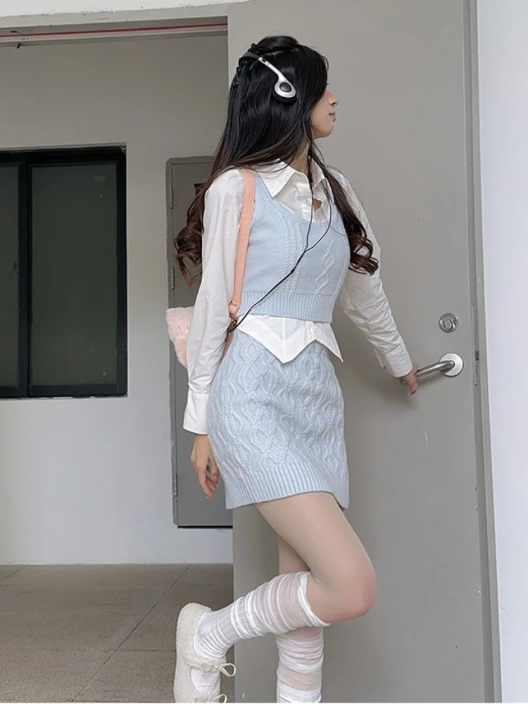 Knitted Sweater Vest + Mini Skirt + White Turn-Down Collar Long Sleeve Blouse 3-Piece Sweater Set