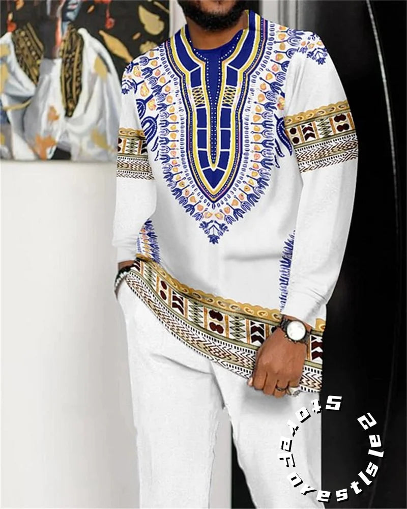 Men's O-Neck Colorblock Striped/African Print Long Sleeve Dress Shirt + Pants 2-Piece Suit to 4X Big & Tall