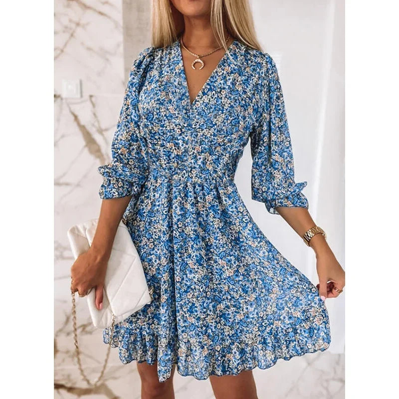 Floral Bohemian Nipped Waist Pullover Deep V-Neck Short Sleeve Midi Dress to 3X Plus Size