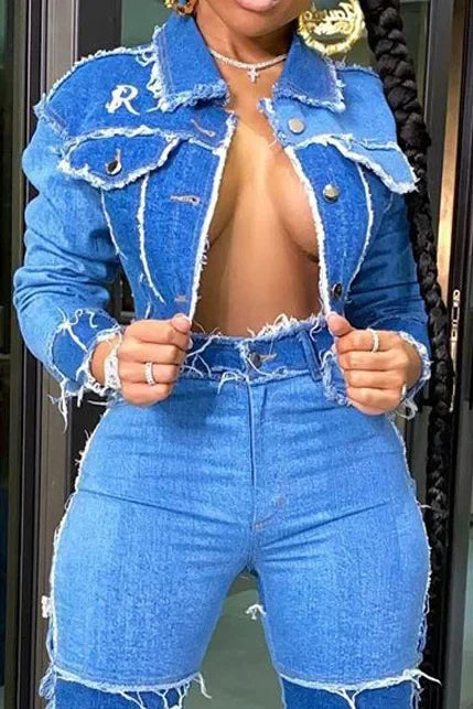 Denim Ripped Fringe Streetwear Long Sleeve Button Front Patchwork Jean Jacket
