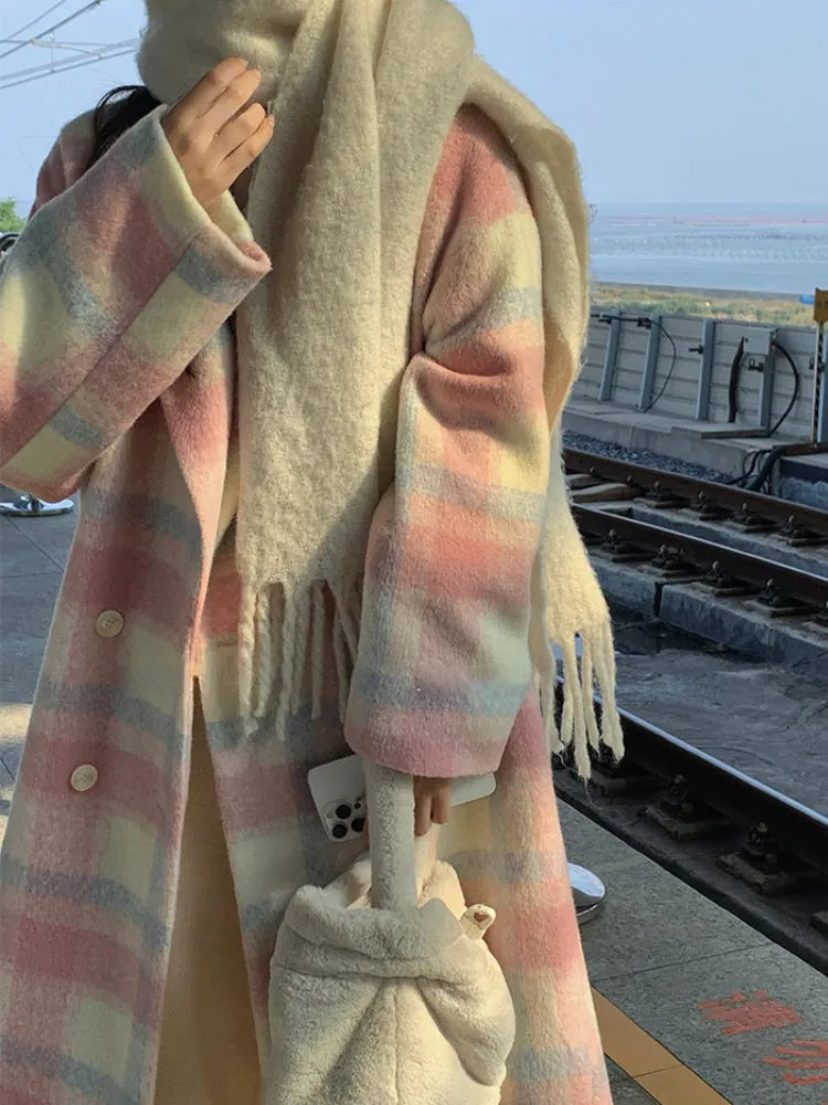Rainbow Pastel Plaid Colorblock Print Women's Wool Loose Trenchcoat