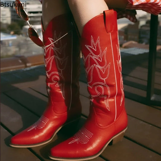 Embroidered Western Knee-High Women's Size Zipper Cowgirl Chunky Heel Platform Boots
