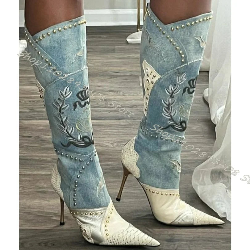 Western Rivet Patchwork Embroidered Spliced Pointed Toe Stiletto Heels Zipper Cowgirl Boots