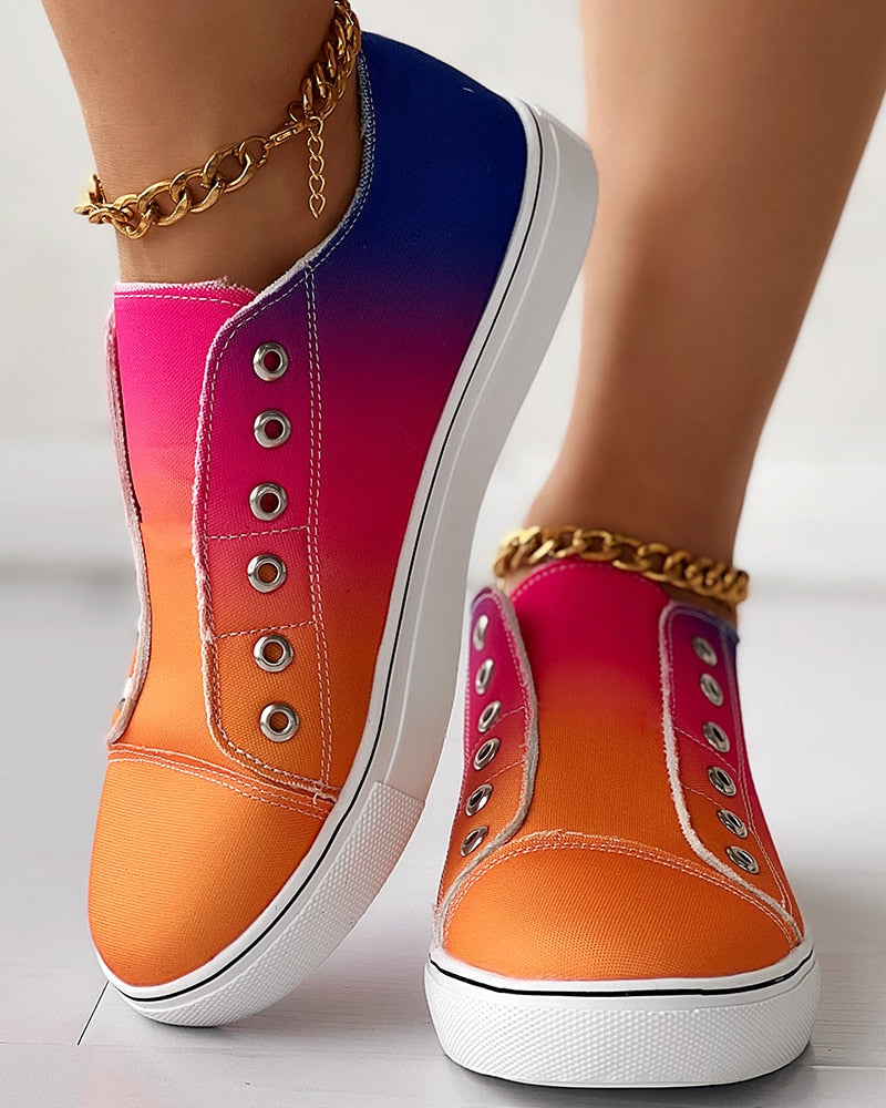 Gradient Ombre Rainbow Colorblock Eyelet Slip On Canvas Sneakers