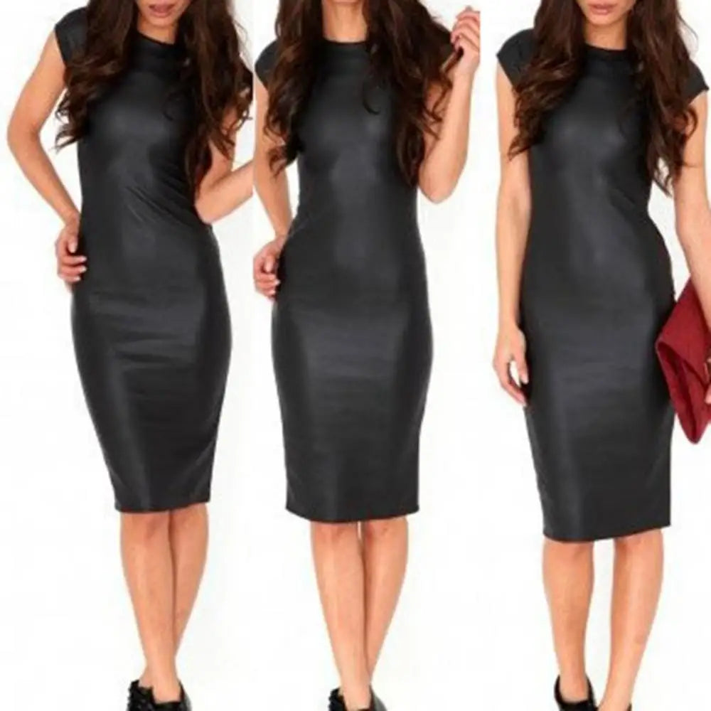 Black PU Leather Solid Color Short Sleeve Bodycon Midi Party Dress