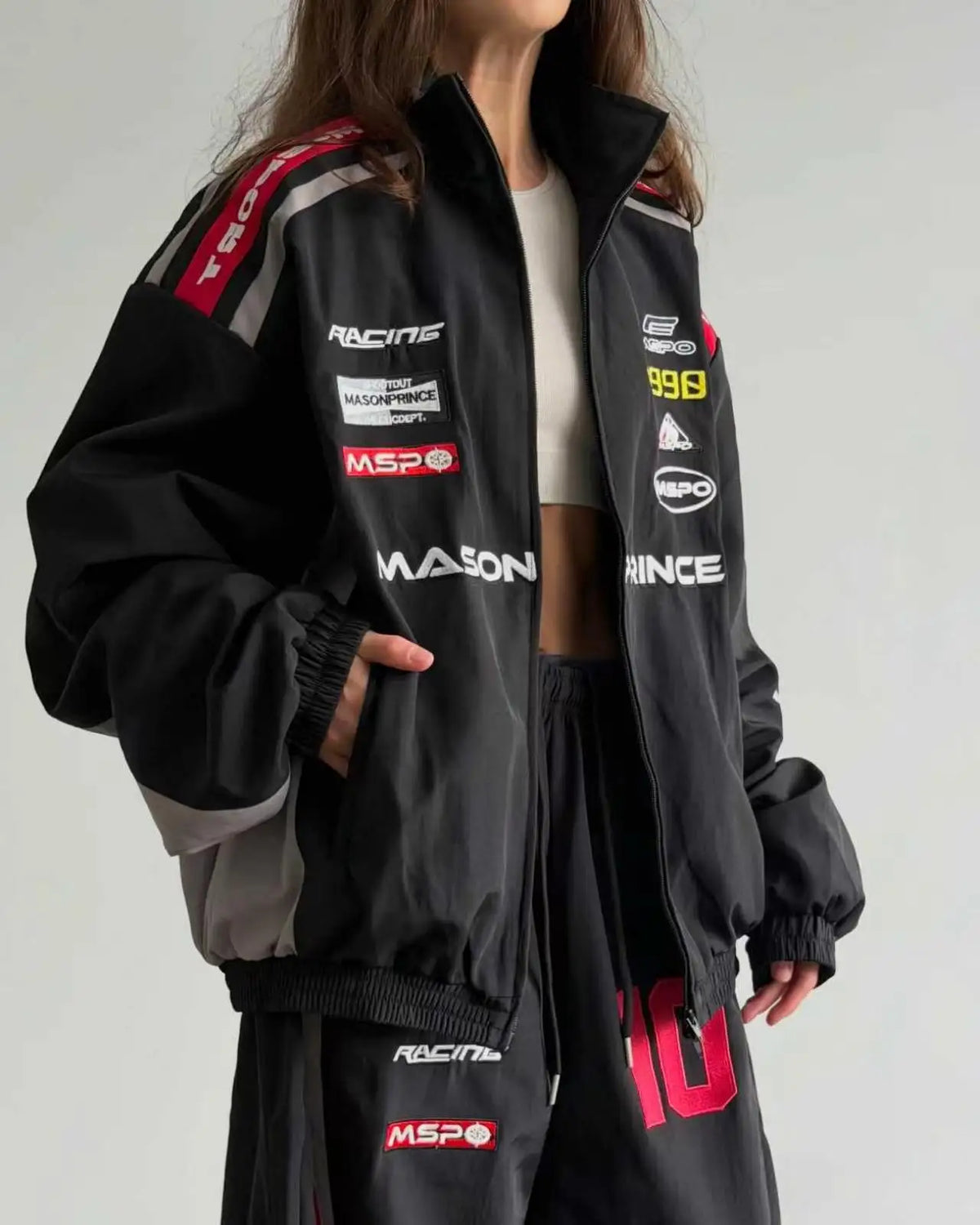 Racing Contrast Embroidered Loose Jacket + Wide Leg Sweatpants Women's Tracksuit