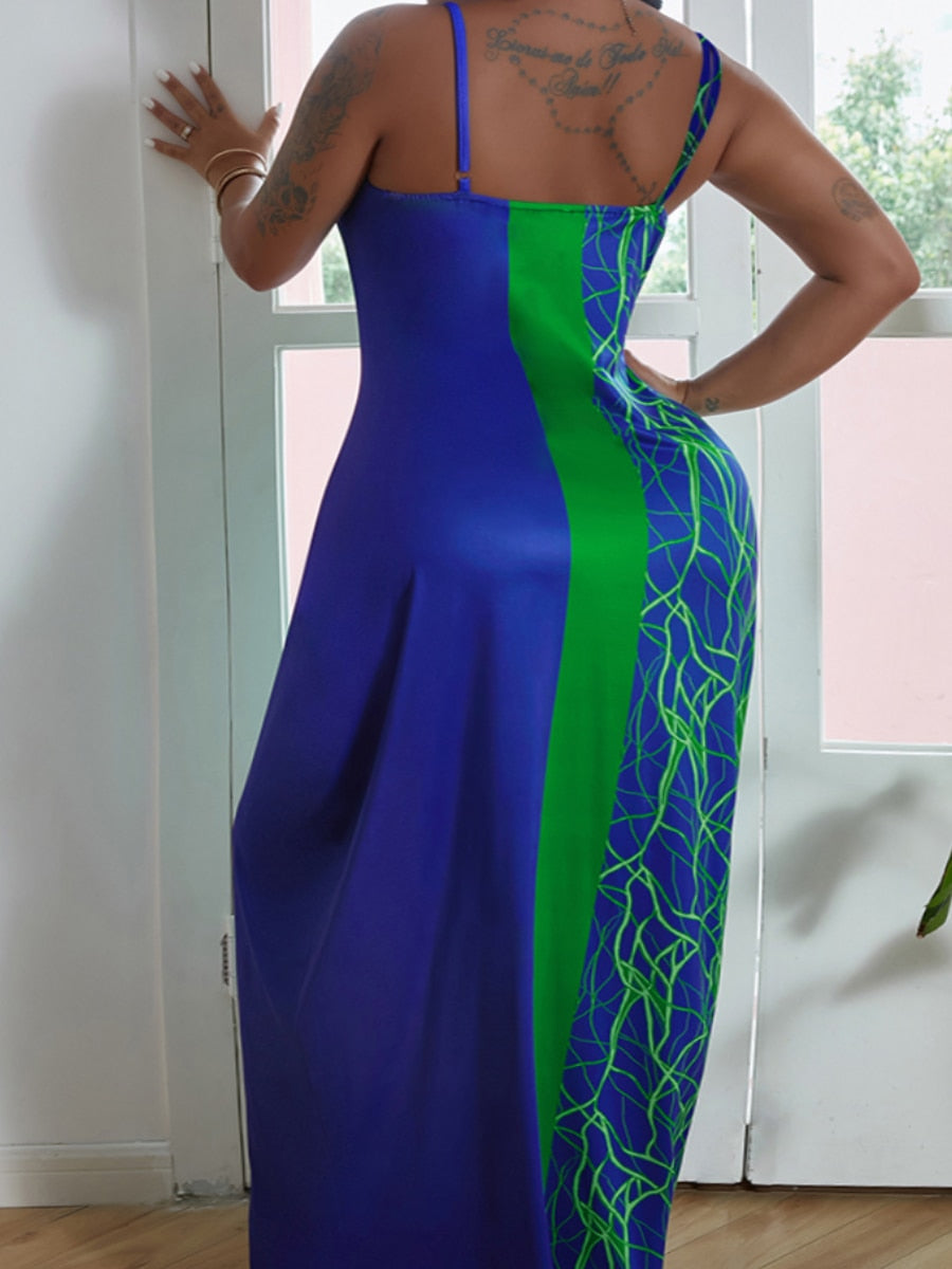 Striped Halter Spaghetti Strap Patchwork Graffiti/ Green & Deep Blue Floor Length Maxi Dress to 5X Plus Size