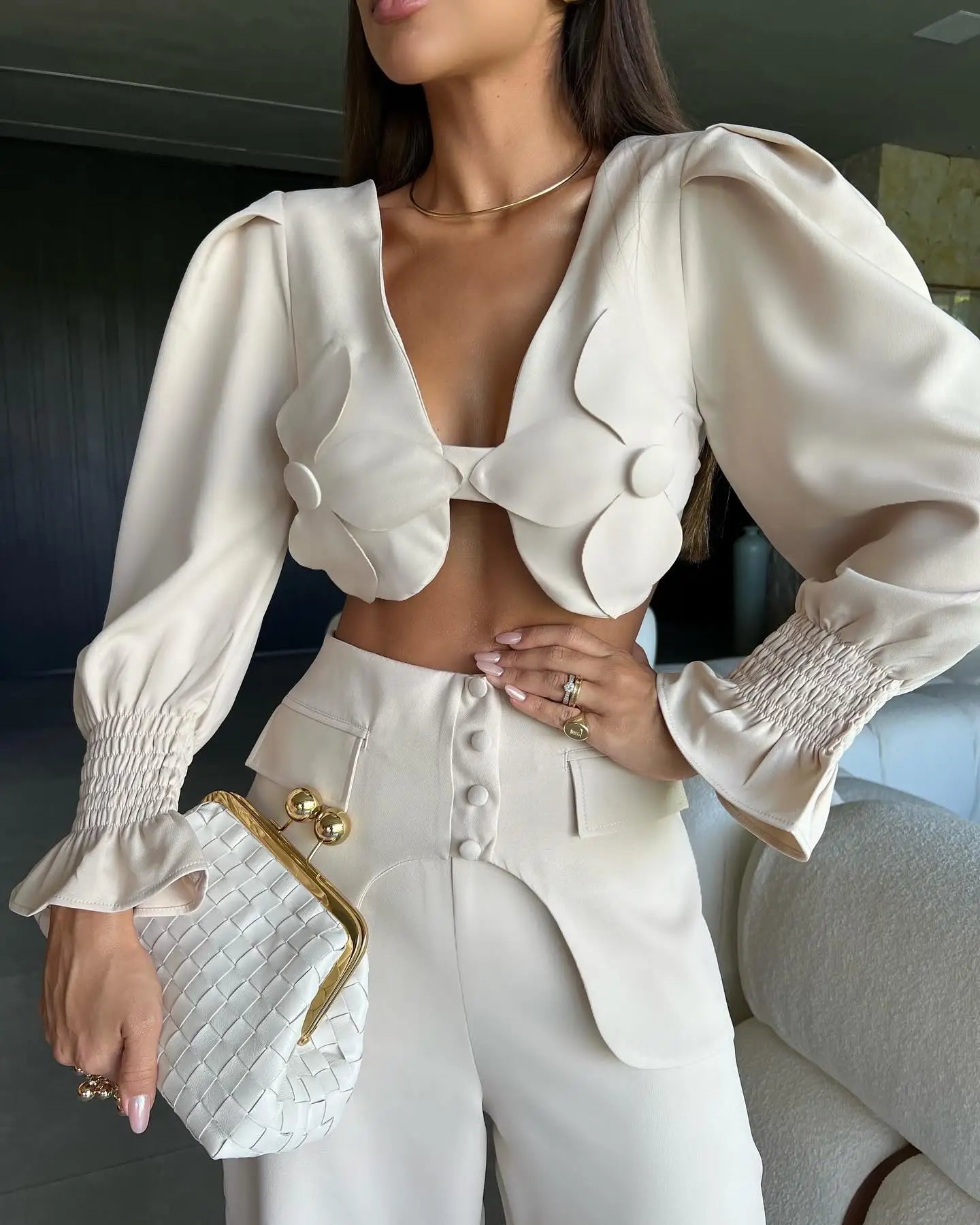 Flower Embroidered Backless High Street Cropped Backless Blazer + Wide Leg Pants Women's Suit or Hollow-Out Short Sleeve or Sleeveless Floral/Solid Jumpsuits