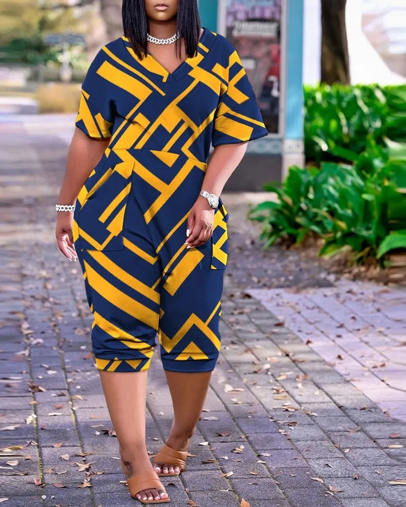 Striped/Geometric/Abstract/ Colorblock/Striped Short Sleeve Pocketed Romper to 5X Plus Size